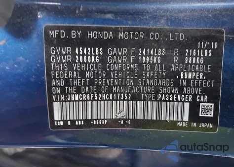 2017 Honda Accord Hybrid Ex-L from USA, damaged, VIN JHMCR6F52HC017352